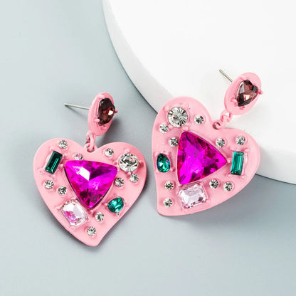 Creative Spray Paint Rhinestone Diamond Heart-Shaped Earrings