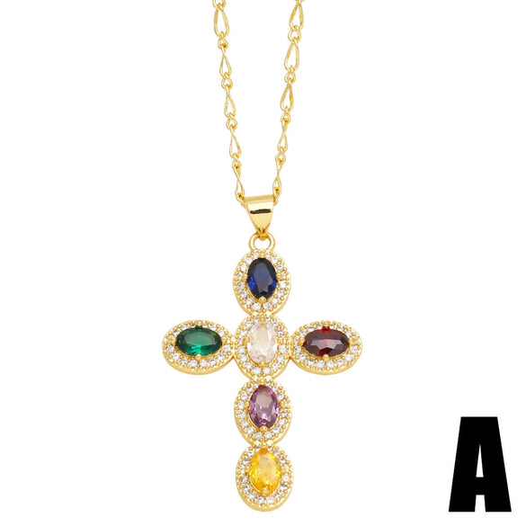 Creative Stylish Cross Sweater Chain For Women Inlaid With Colorful Zircon Copper Bead Chain