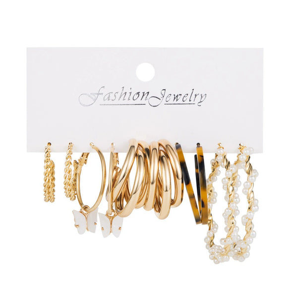 Creative Vintage Circle Earrings Set With Acrylic Butterfly Pendant Crystal And Alloy Micro Inlay