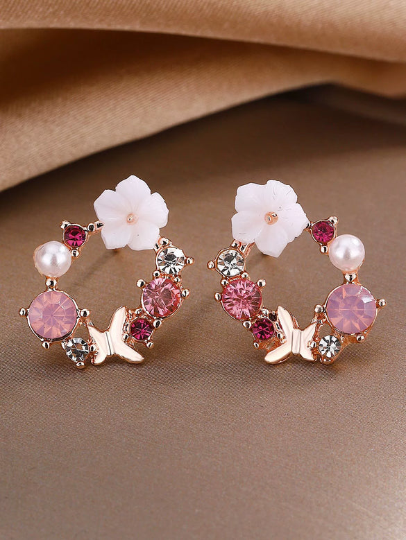 Creative Women's Earrings With Sweet Flower Heart Pearl Bow Wreath Design Alloy Electroplated