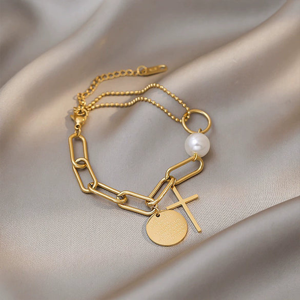 Cross Antifading Bracelet Made Of Titanium Steel With Geometric Pattern Electroplated In 18K Gold For Women