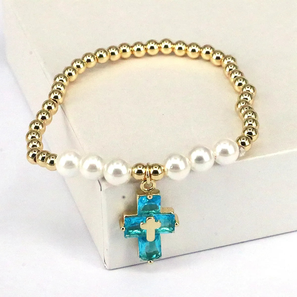 Basic Cross Copper Plating Inlay Pearl Zircon Bracelets