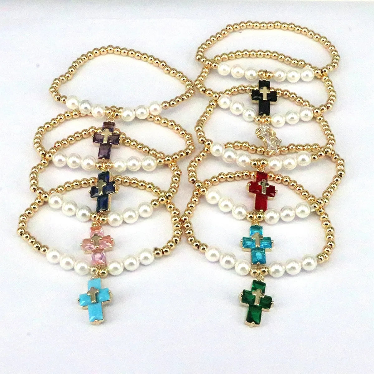 Basic Cross Copper Plating Inlay Pearl Zircon Bracelets