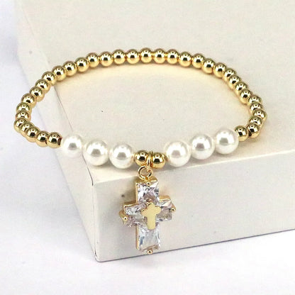 Basic Cross Copper Plating Inlay Pearl Zircon Bracelets