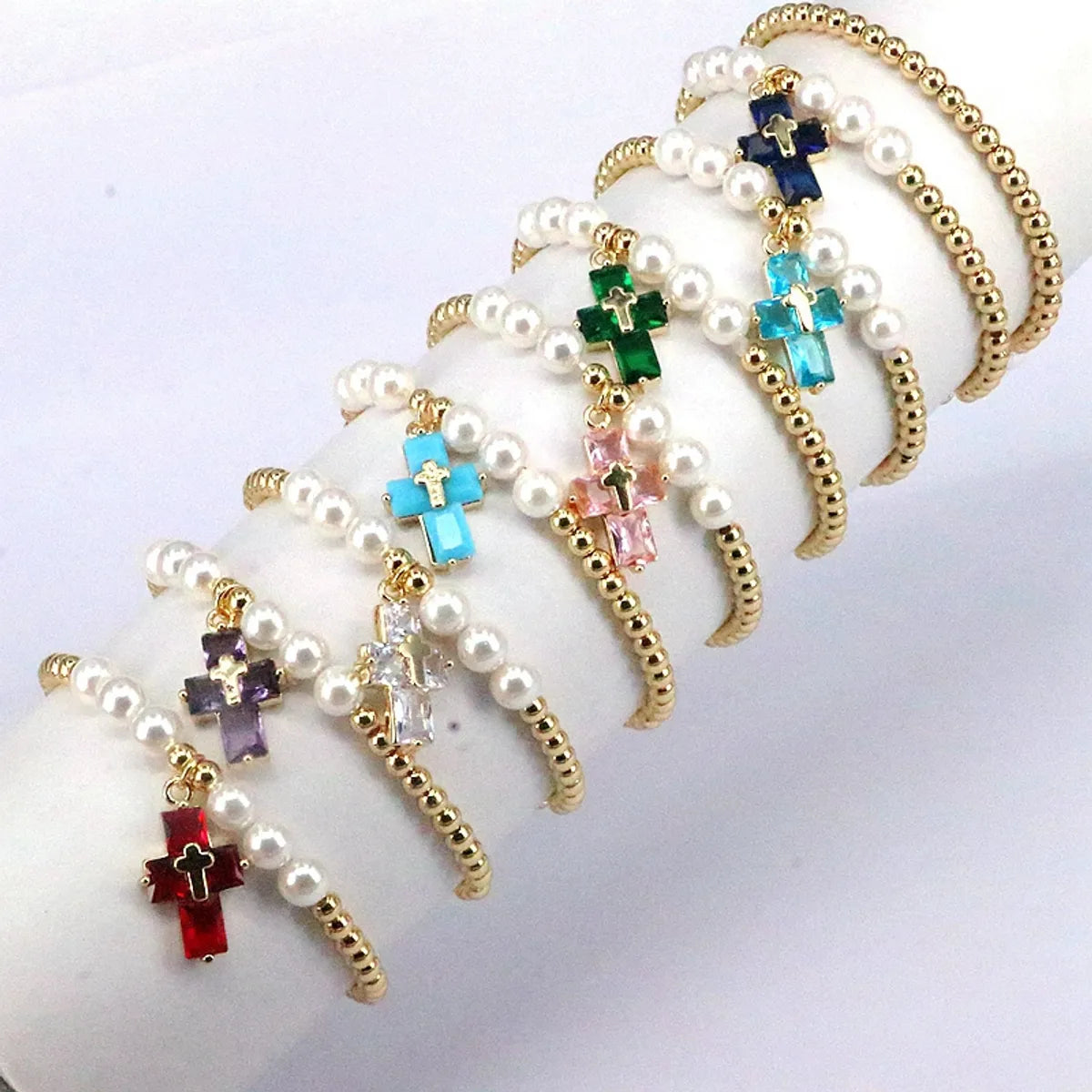 Basic Cross Copper Plating Inlay Pearl Zircon Bracelets