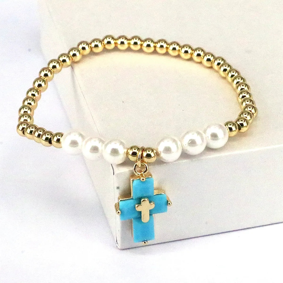 Basic Cross Copper Plating Inlay Pearl Zircon Bracelets