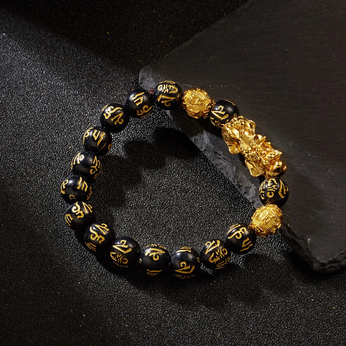 Cross-Border Hot Selling Personalized Men'S Beaded Bracelet Obsidian Pi Xiu Six Words Mantra Beads Stretch Bracelet