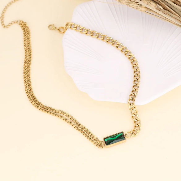 Cross-border New Retro Stainless Steel Necklace Emerald Pendant Niche Clavicle Chain