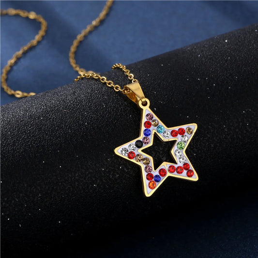 Cross-Border New Star Pendant Stainless Steel Color  Clay Zircon European And American Five-Pointed Star Necklace