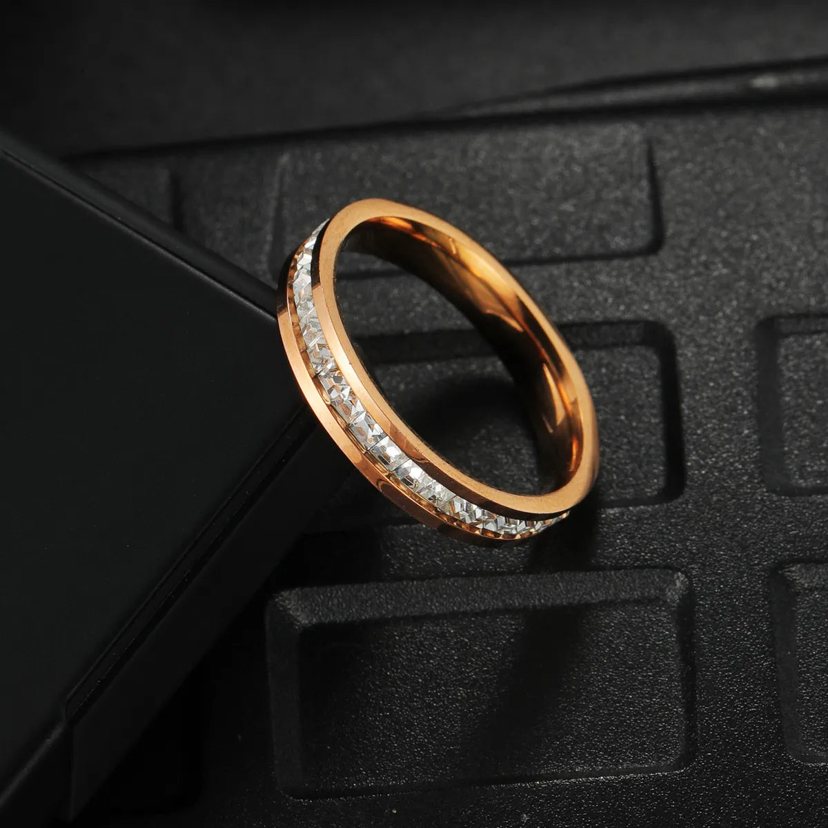 Cross-border Sources Inlaid Small Square Zircon Titanium Steel Ring Rose Gold Fashion Jewelry Fashion Trend Ring