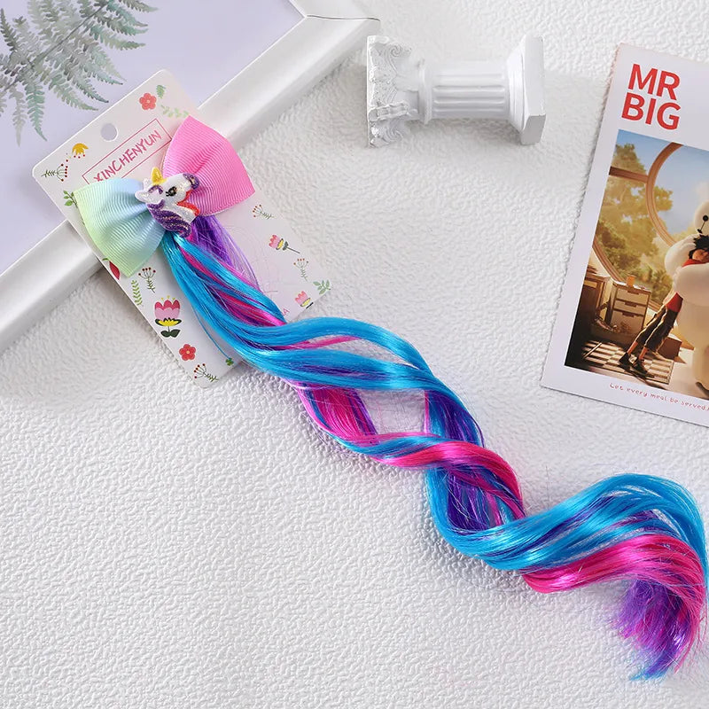 Rainbow Wig Glitter Gradient Hairpin Haircord Hairband Children'S Wig Bow Wig Hairpin