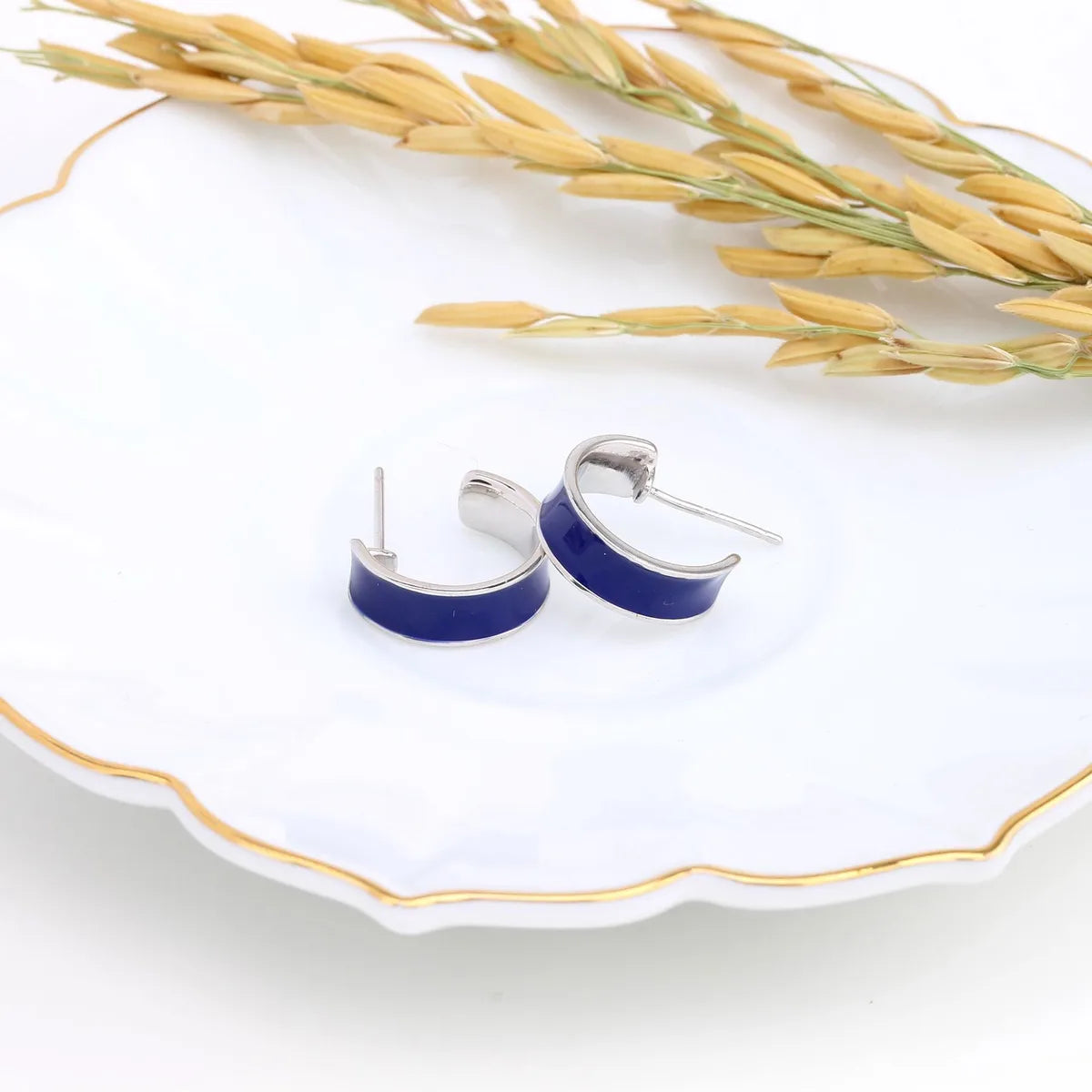 1 Pair Elegant C Shape Enamel Stoving Varnish Sterling Silver Ear Studs