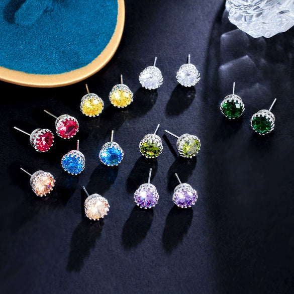 Crown Design Multicolor Zircon Earrings In White Copper Unisex Inlaid Fashion Jewelry For Wholesale