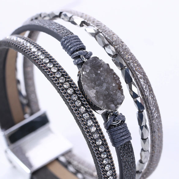 Crystal Leather Handwoven Bracelet With Leaves Pattern And Diamond Braid Design For Women