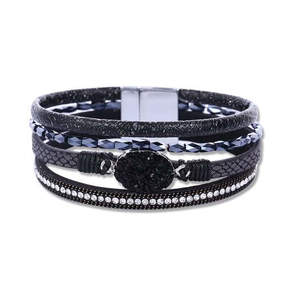 Crystal Leather Handwoven Bracelet With Leaves Pattern And Diamond Braid Design For Women