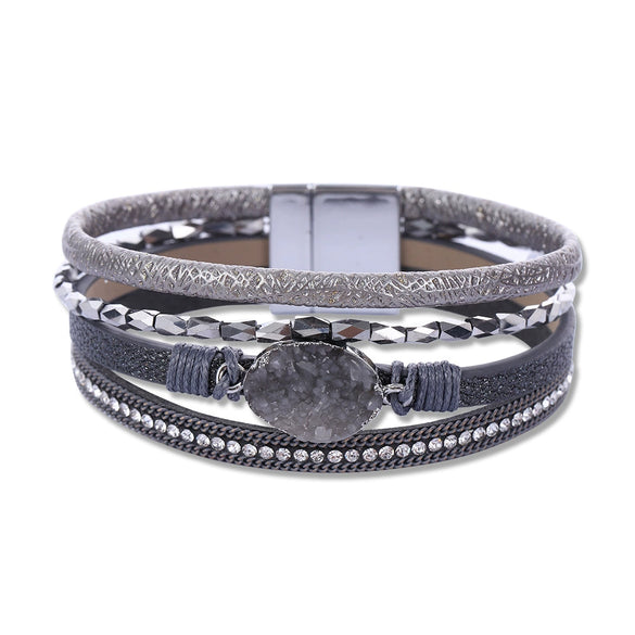 Crystal Leather Handwoven Bracelet With Leaves Pattern And Diamond Braid Design For Women