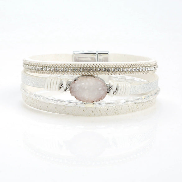 Crystal Leather Handwoven Bracelet With Leaves Pattern And Diamond Braid Design For Women