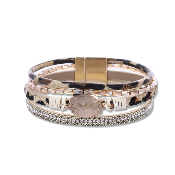 Crystal Leather Handwoven Bracelet With Leaves Pattern And Diamond Braid Design For Women