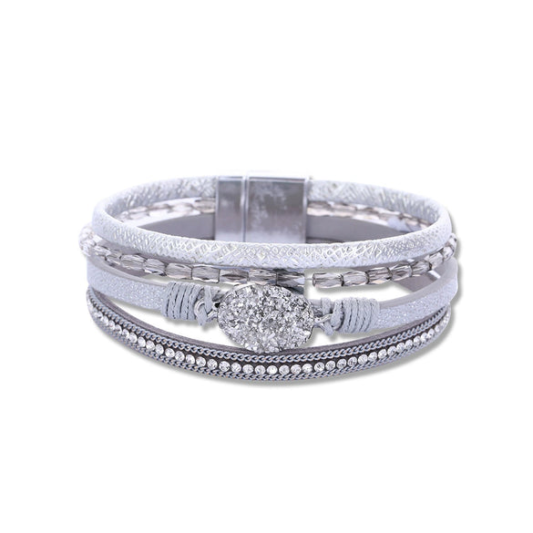 Crystal Leather Handwoven Bracelet With Leaves Pattern And Diamond Braid Design For Women