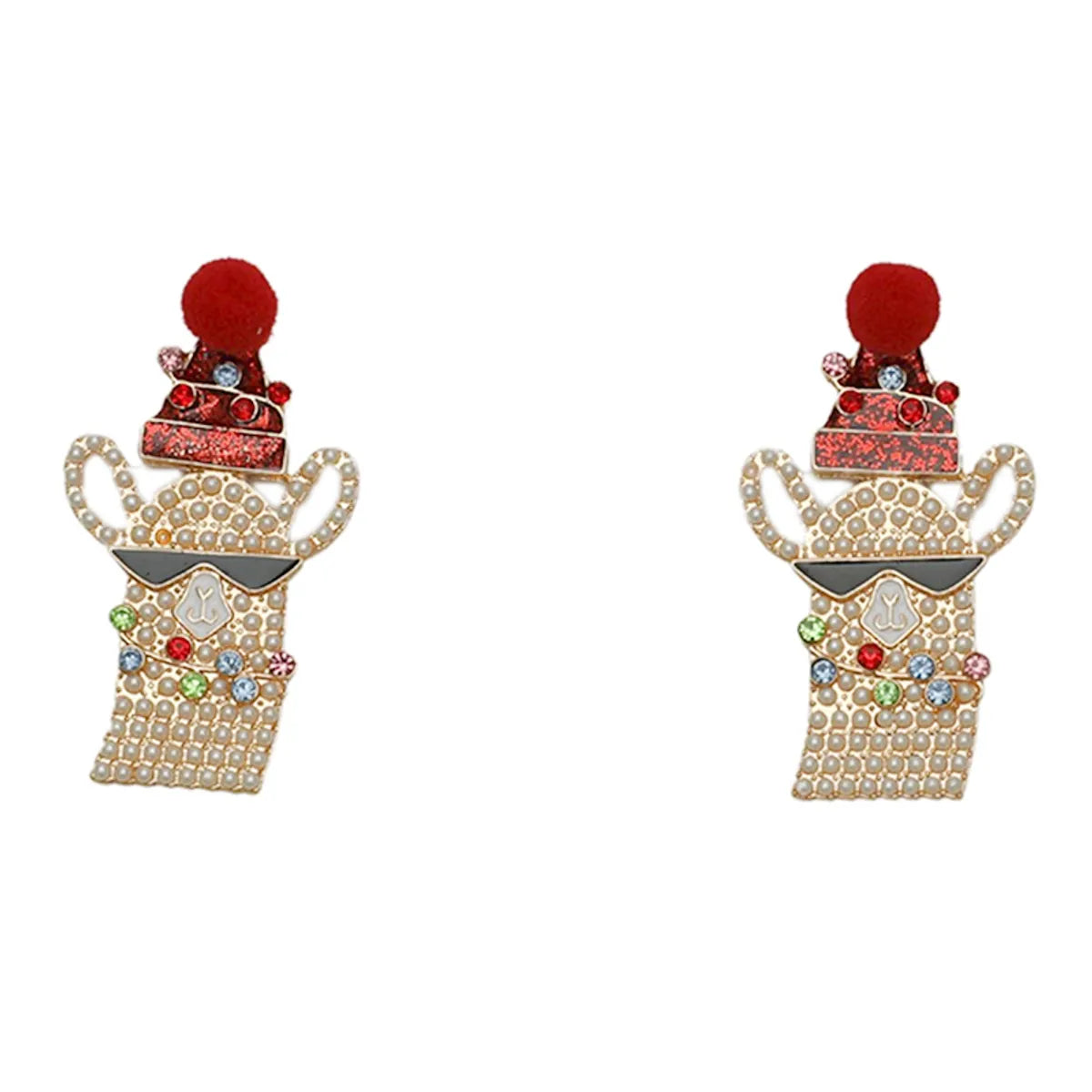 Cute Alpaca Alloy Inlay Artificial Pearls Rhinestones Christmas Women's Drop Earrings