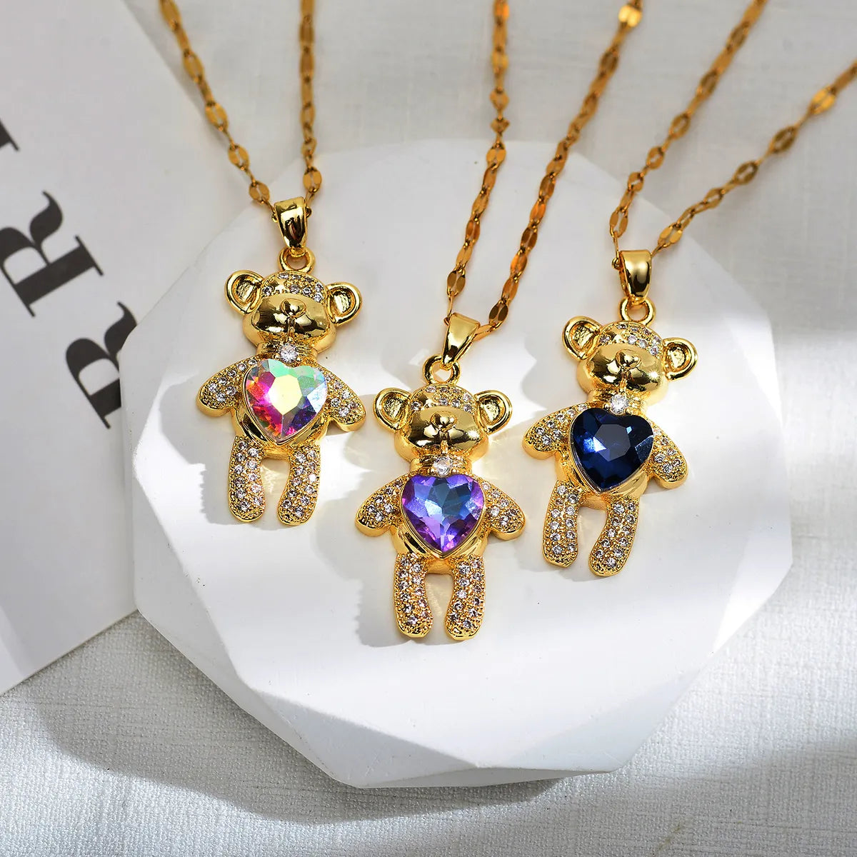 Cute Animal Bear Heart Shape Titanium Steel Copper Inlay Zircon Pendant Necklace