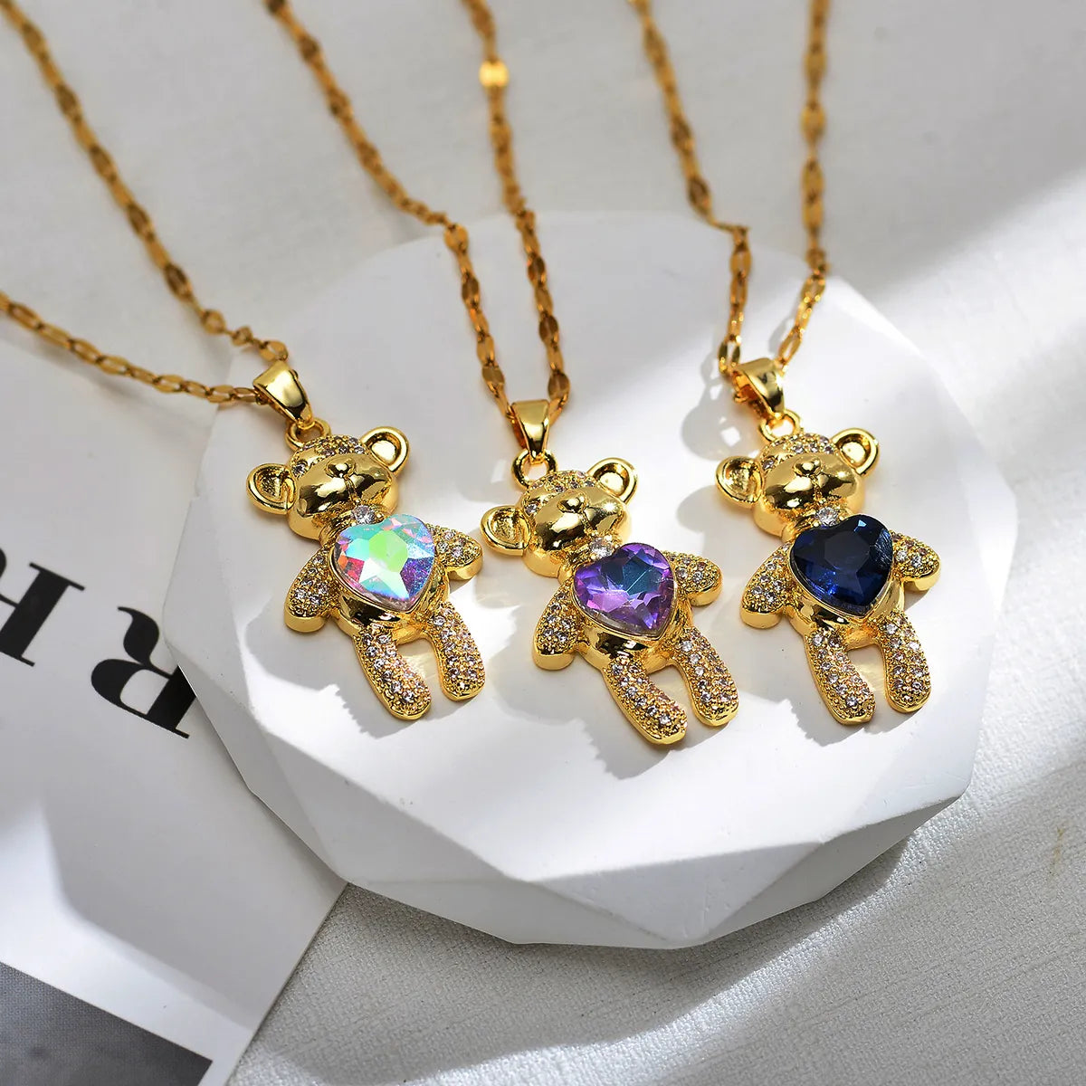 Cute Animal Bear Heart Shape Titanium Steel Copper Inlay Zircon Pendant Necklace