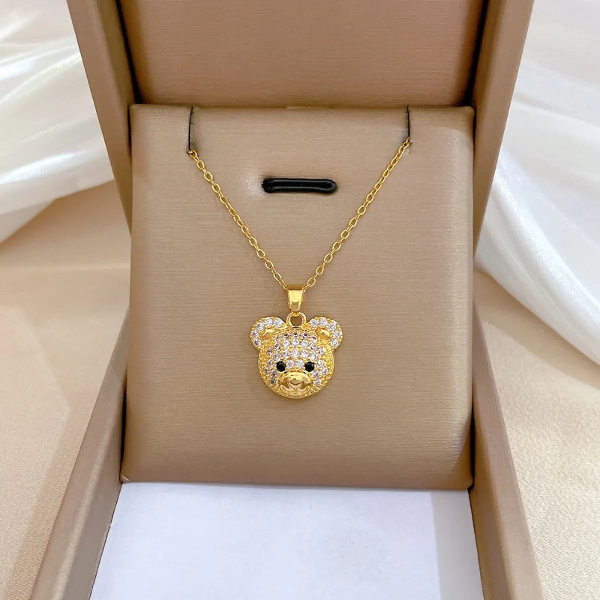 Cute Animal Bear Stainless Steel Copper Inlay Zircon Pendant Necklace