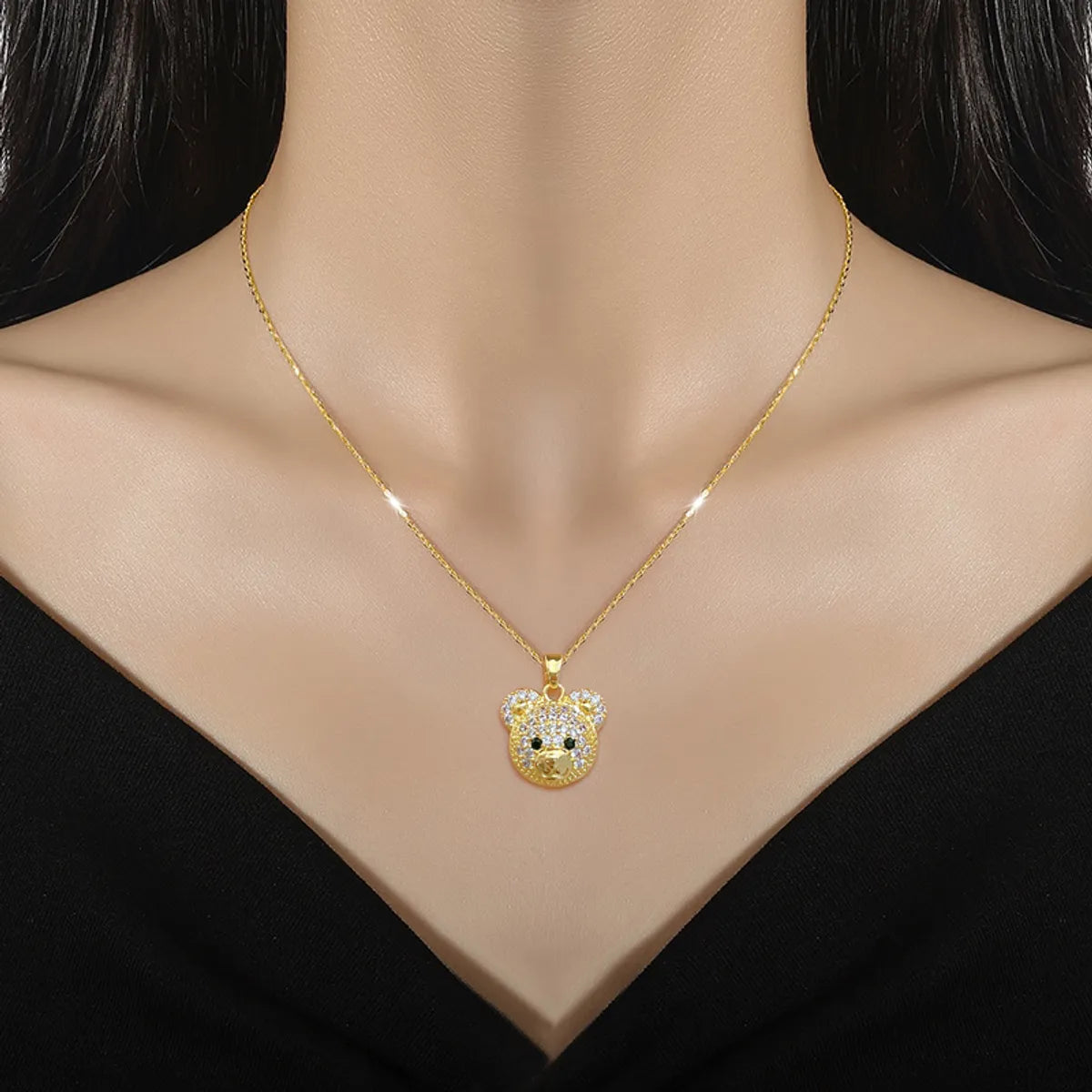 Cute Animal Bear Stainless Steel Copper Inlay Zircon Pendant Necklace