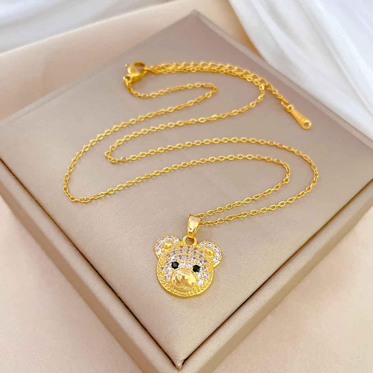 Cute Animal Bear Stainless Steel Copper Inlay Zircon Pendant Necklace