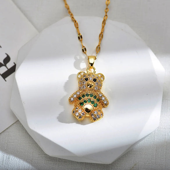 Wholesale Jewelry Cute Animal Bear Titanium Steel Copper Zircon Gold Plated Plating Inlay Pendant Necklace