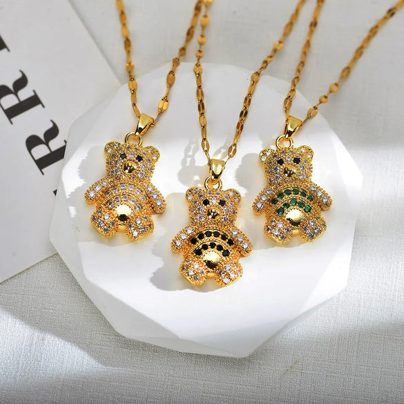 Wholesale Jewelry Cute Animal Bear Titanium Steel Copper Zircon Gold Plated Plating Inlay Pendant Necklace
