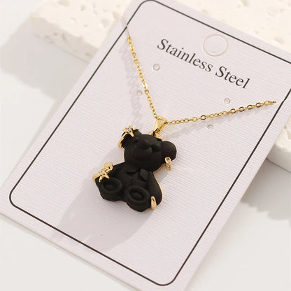 Cute Animal Bear Titanium Steel Copper Zircon Pendant Necklace In Bulk