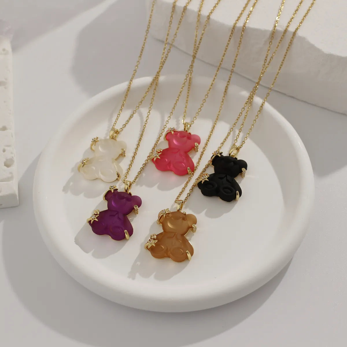 Cute Animal Bear Titanium Steel Copper Zircon Pendant Necklace In Bulk