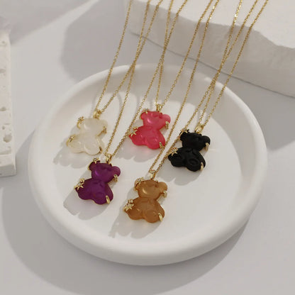 Cute Animal Bear Titanium Steel Copper Zircon Pendant Necklace In Bulk