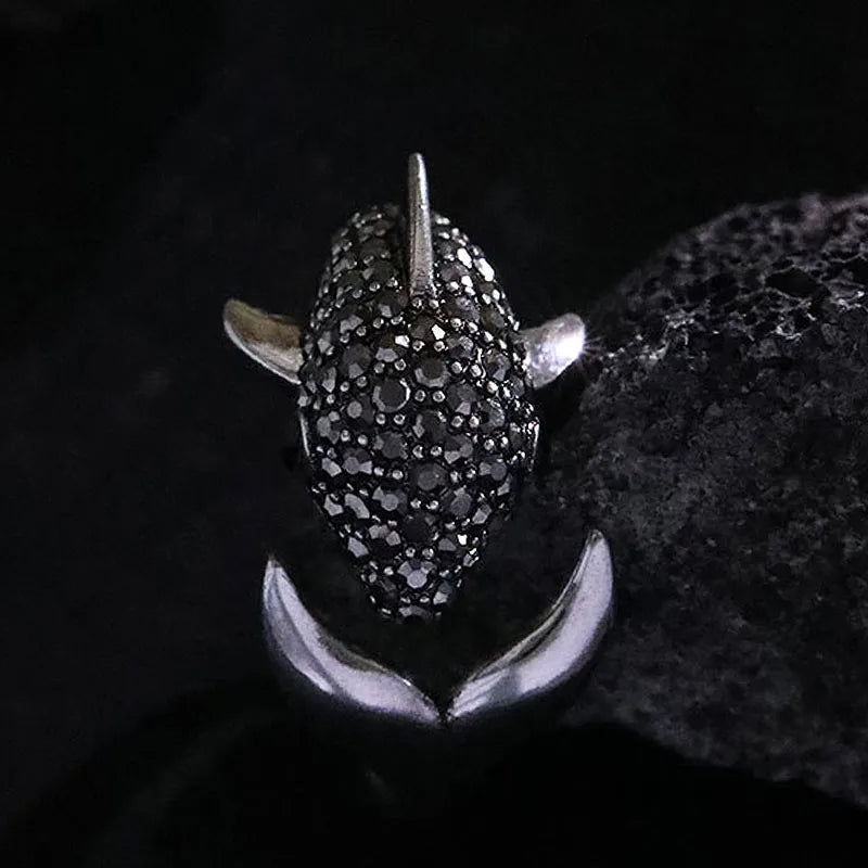 Cute Animal Fish Sterling Silver Inlay Zircon Open Rings