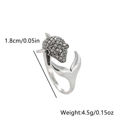 Cute Animal Fish Sterling Silver Inlay Zircon Open Rings