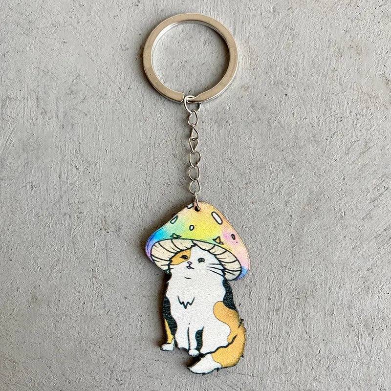 Cute Animal Mushroom Wood Unisex Bag Pendant Keychain