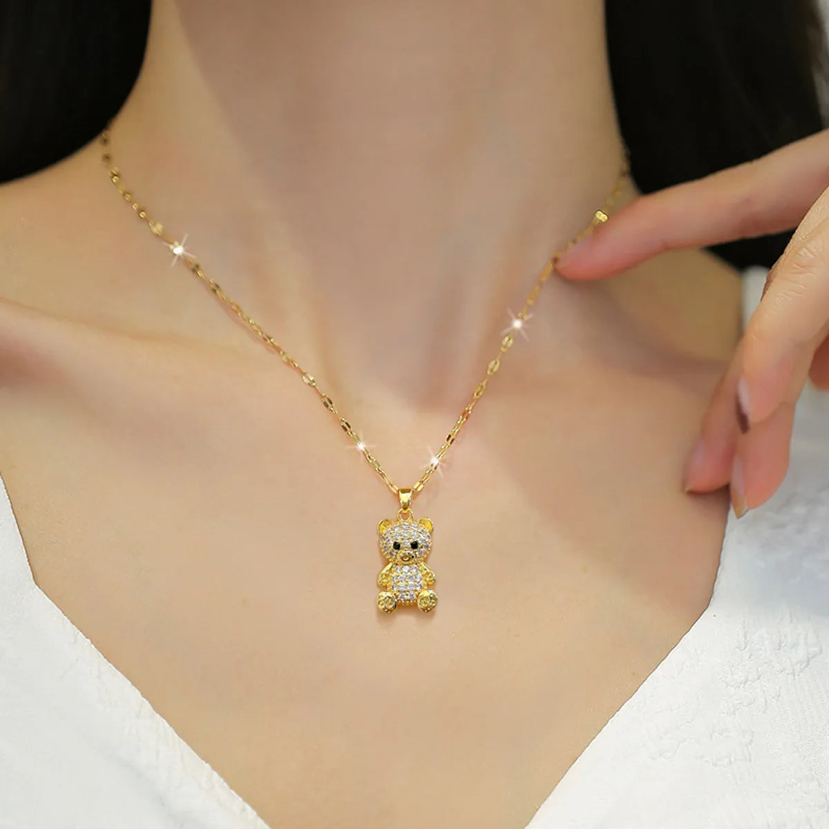 Cute Animal Stainless Steel Copper Inlay Zircon Pendant Necklace