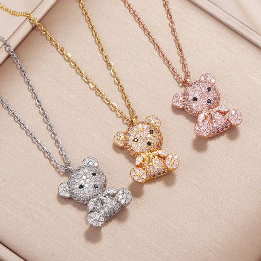 Cute Basic Bear Copper Zircon Pendant Necklace In Bulk