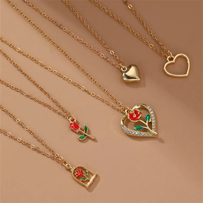 Cute Basic Lady Heart Shape Rose Butterfly Alloy Women's Pendant Necklace