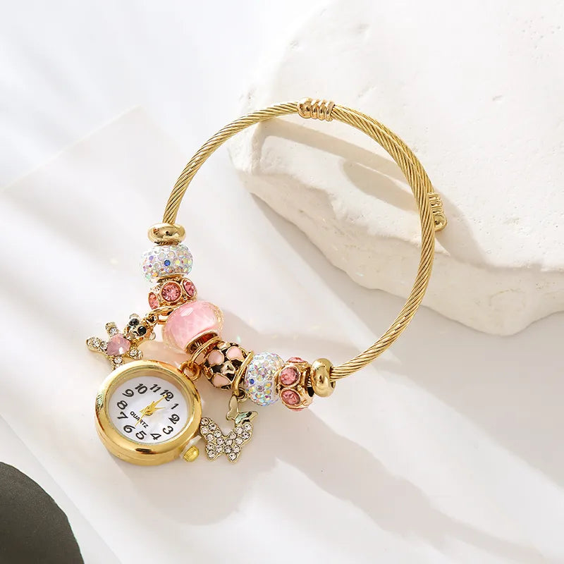 Cute Bear Butterfly Clock 304 Stainless Steel Alloy Rhinestones Bangle In Bulk