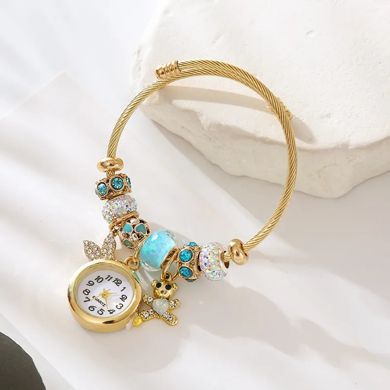 Cute Bear Butterfly Clock 304 Stainless Steel Alloy Rhinestones Bangle In Bulk