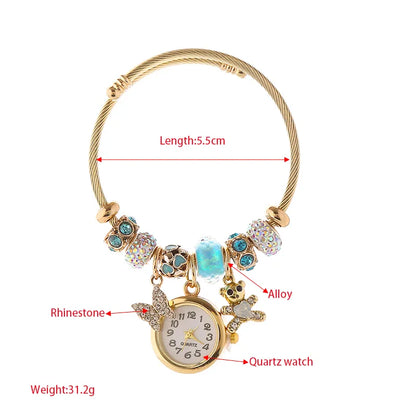 Cute Bear Butterfly Clock 304 Stainless Steel Alloy Rhinestones Bangle In Bulk