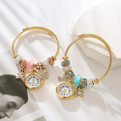 Cute Bear Butterfly Clock 304 Stainless Steel Alloy Rhinestones Bangle In Bulk