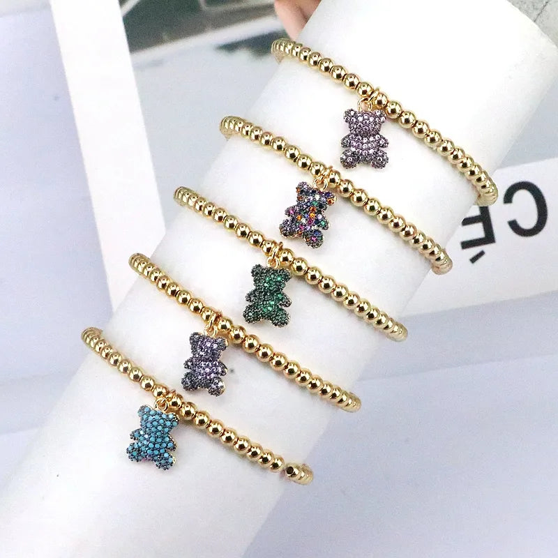 Cute Bear Copper Beaded Plating Inlay Zircon 18k Gold Plated Bracelets