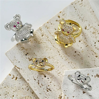 Cute Bear Copper Plating Inlay Zircon Open Rings 1 Piece