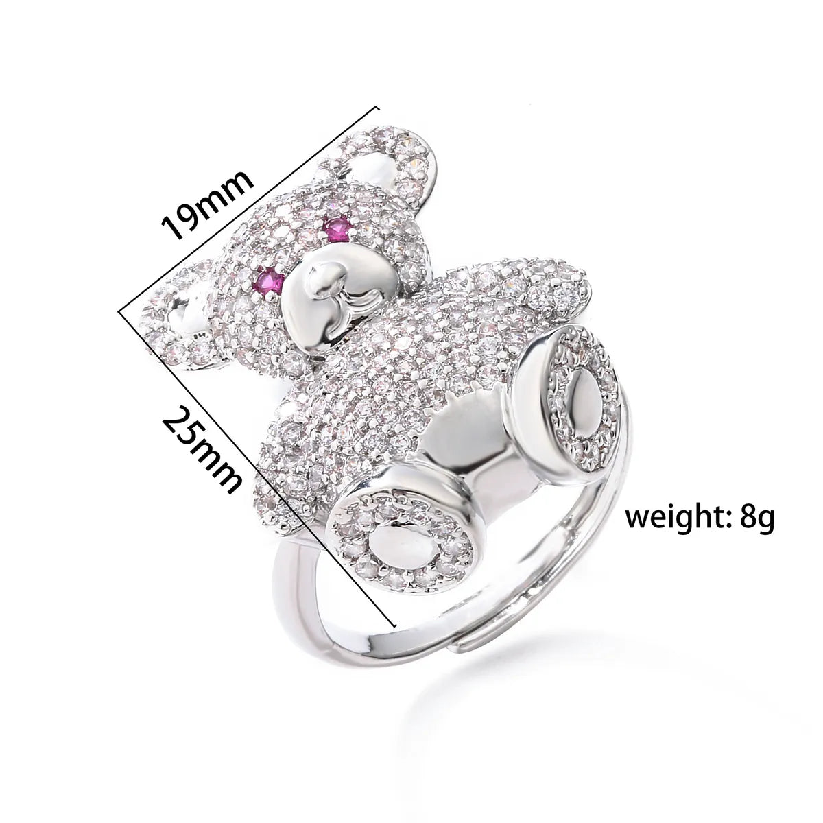 Cute Bear Copper Plating Inlay Zircon Open Rings 1 Piece