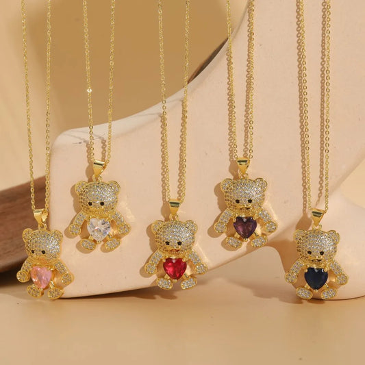 Cute Bear Heart Shape Copper Plating Inlay Zircon 14k Gold Plated Pendant Necklace