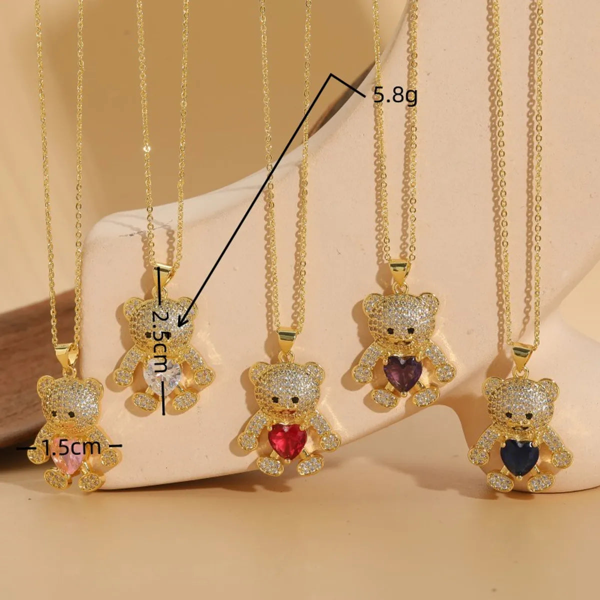 Cute Bear Heart Shape Copper Plating Inlay Zircon 14k Gold Plated Pendant Necklace