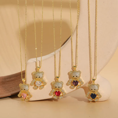 Cute Bear Heart Shape Copper Plating Inlay Zircon 14k Gold Plated Pendant Necklace